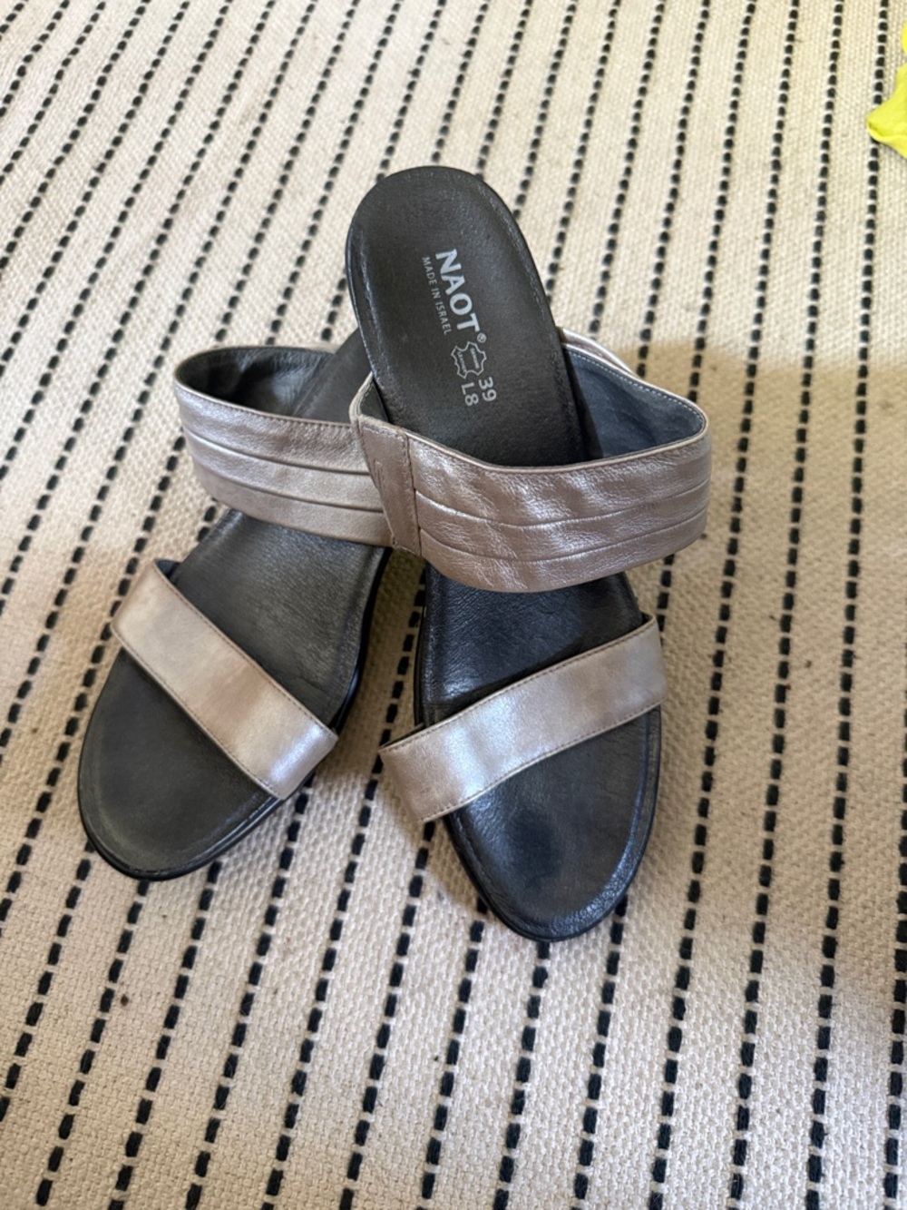 Naot Metallic Taupe and Black Double Strap Slide Sandals - Women's